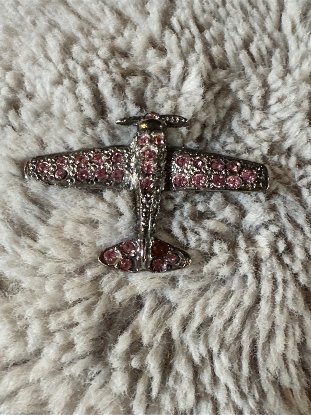 Rhinestone Airplane Brooch with Pink Crystals Throughout